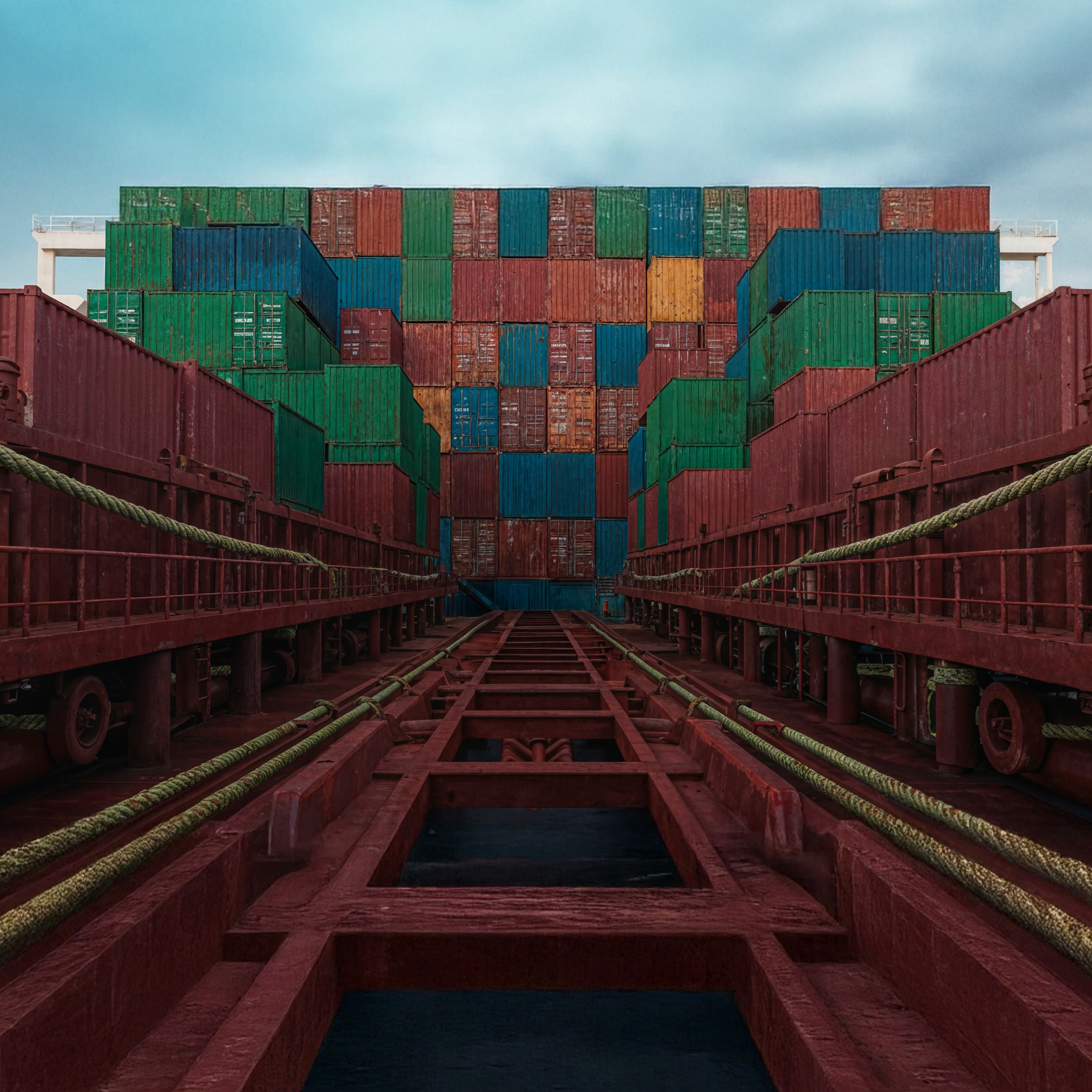 Rows of stacked, multicolored shipping containers on a large vessel, illustrating the complexities of container shortage in global logistics.
